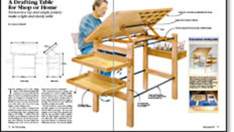 Cameron Russell knockdown drafting table makes a good beginner’s project. The table is comfortable to use, and has accessory trays that attach to the legs for easy access. The construction process is simple, and the hardware is readily available. The torsion-box top is rigid and dead flat, yet light and portable. Multiple drawings help show the construction details.From Fine Woodworking #123 Wood Drafting Table, Drafting Tables, Drawing Desk, Art Studio Room, Desk Plans, Drafting Table, Drawing Table, Bermuda Triangle, Art Desk