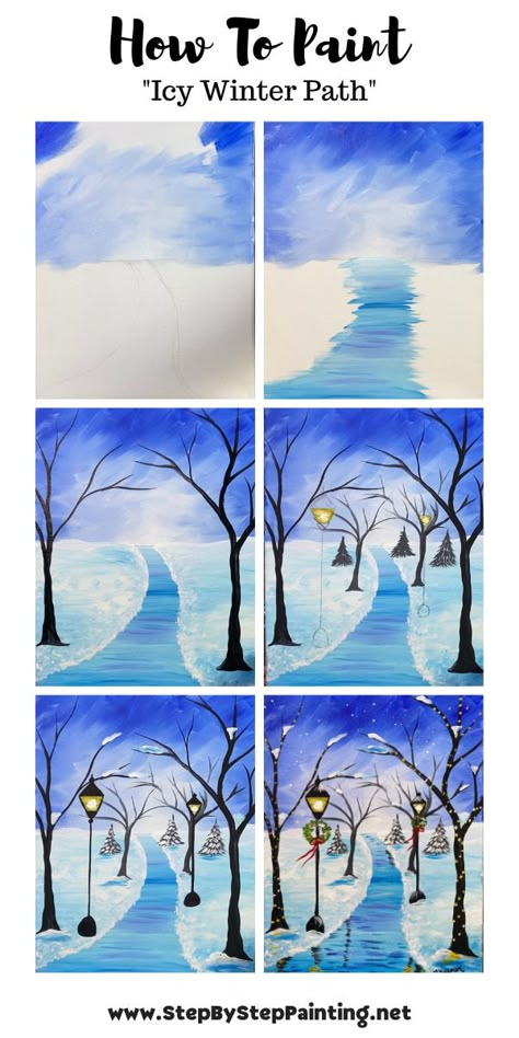 Art Winter Painting, Winter Value Art Projects, Winter Art Projects Adults, Paintings For Classrooms, Paint Winter Scenes, Christmas Winter Painting, How To Draw A Winter Scene, Step By Step Painting Winter, Snowy Winter Painting