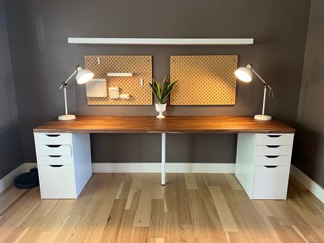 Two Desk Setup, Home Office Shared Desk, Office Room Ideas Home For Two, Lagkapten / Alex Desk Ideas, Lagkapten Desk Ideas, 2 Person Desk Home Office, Ikea Double Desk, 2 Desk Office Layout Small Spaces, Vintage Office Ideas