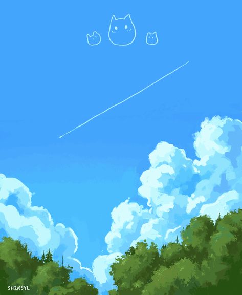 Shinsyl — Painted on procreate [2020.06] #painting #illustration #animated #gif #cute #clouds #trees #sky #landscape #wallpaper Landscape Drawings Procreate, Anime Clouds Sky, Animated Sky, Sky Animation, Anime Clouds, Sky Digital Art, Drawing Clouds, Cute Landscape, Clouds Illustration