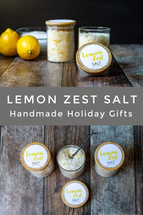 This lemon zest salt recipe is super easy and makes a great stocking stuffer or homemade Christmas gift for everyone on your list. Flavored Salts Recipes, Lemon Gifts, Herb Salt Recipe, Flavored Sugars, Herb Salt, Hors Devours, Infused Salt, Salt Gifts, Finishing Salt