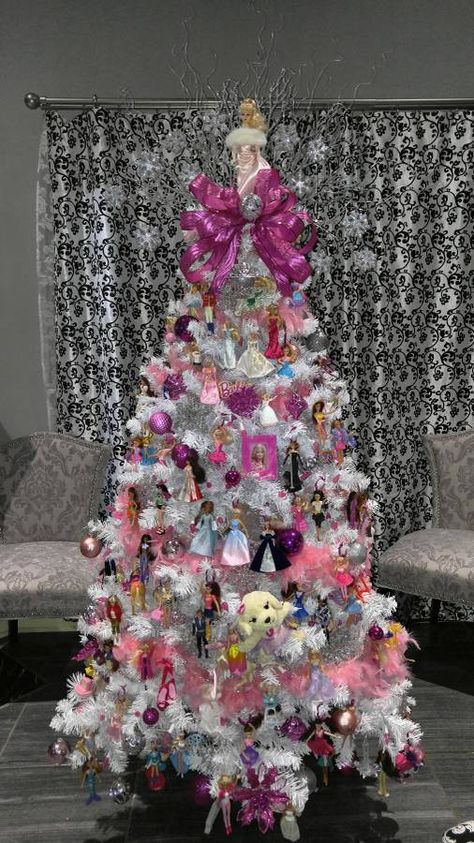 Barbie Doll Christmas Tree, Diy Barbie Christmas Tree, Barbie Christmas Tree Topper, Barbie Tree Topper, Pink Barbie Christmas Tree, Barbie Ornament Christmas Tree, Barbie Tree Christmas, Princess Christmas Tree Ideas, Barbie Christmas Tree Ideas