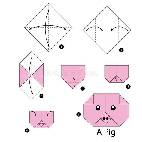 Step by step instructions how to make origami pig. stock illustration Easy Origami Dragon, Origami For Kids Animals, Dragon Origami, Easy Origami Animals, Origami Pig, Origami Easy Step By Step, Origami Turtle, Origami Frog, Origami Step By Step