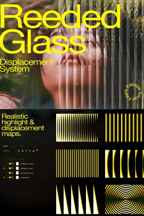 Reeded Glass Displacement System Glass Effect Graphic Design, Reflection Graphic Design, Glass Effect Photoshop, Glass Graphic Design, Glass Photoshop, Paper Texture Pack, Displacement Map, Beauty App, Reeded Glass