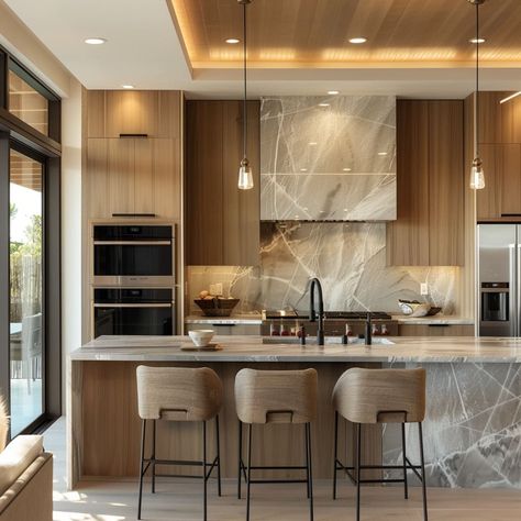 Modern And Traditional Kitchen, Wooden Kitchen Ceiling Ideas, Mountain Luxury Decor, Wood Kitchen Aesthetic, Quiet Luxury Kitchen, Beige Modern Kitchen, Earth Tone Kitchen, Hobo Kitchen, Chic Kitchen Design