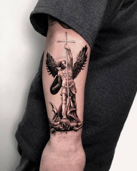 80 Powerful Angel Michael Tattoo Designs with Meaning | Art and Design Paintings As Tattoos, Saint Michael Tattoo Forearm, Yaweh Tattoos, Arch Angel Michael Tattoo, Saint Michael Tattoo Design, Christian Tattoo Ideas For Men, Saint Michael Tattoo, Archangel Michael Tattoo, Angle Tattoo