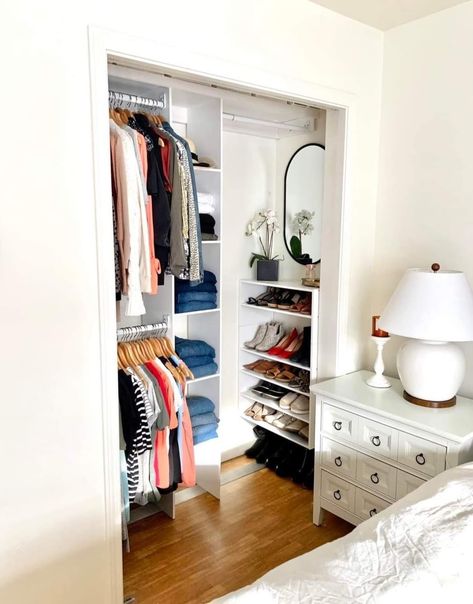 Closet Designs For Two People, Accordion Closet Makeover, 6ft Closet Organization, Bedroom With Office Inspirations, Simple Closet Makeover, Recessed Closet Ideas, Regular Closet Makeover, Closet Diy Ideas How To Build, Repurpose Bedroom Closet