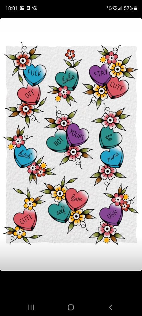 Valentines Candy Tattoo, Heart Filler Tattoo, Decorative Heart Tattoo, Random Filler Tattoos, Traditional Tattoos Valentine, Love Traditional Tattoo Ideas, Love Heart Sweets Tattoo, Sweet Tart Heart Tattoo, Traditional Candy Heart Tattoo