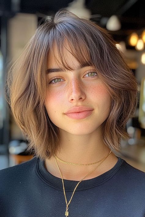 Casual Layered Bob with Wispy Bangs Cute Short Haircuts With Wispy Bangs, Short Layered Fringe, Layered Bob Wispy Bangs, Short Bob Wispy Bangs, Wispy Bangs With Bob, Layered Bob Cut With Bangs, Shattered Bob Short, Bob With Wispy Bangs Round Face, Short Layered Hair Bangs