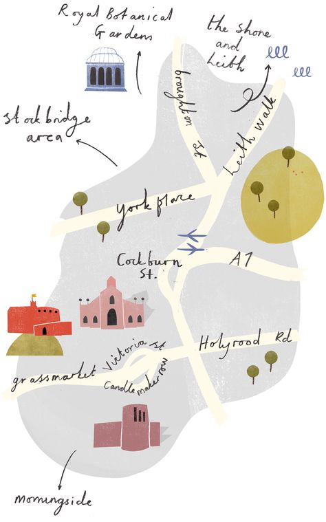 Clare Owen map of Edinburgh for Mollie Makes Magazine. Maps Illustration Design, Maps Illustration, Fur Hooded Jacket, Faux Fur Hooded Jacket, Pictorial Maps, Mollie Makes, Hand Drawn Map, Art Carte, Travel Illustration