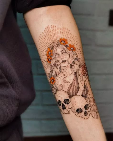 Persephone Skull Tattoo, Persephone Tattoo Thigh, Persephone Tarot Card Tattoo, Women Greek Mythology Tattoo, Persephone Tattoo Minimalist, Perspherone Goddess Tattoo, Floral Crown Tattoo, Persephone Tattoo Symbols, Persephone Tattoos