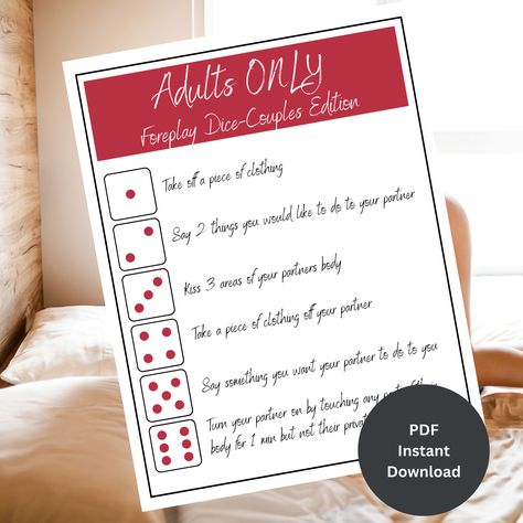 Looking for a couples game to spice up the night a little? Try this Foreplay dice game-Couples Edition! This game is for ADULTS ONLY! #foreplaydicegame #couplesgames #naughtycouplegame❓#LoveStory #RomanticEncounters #HeartfeltConnections #DateNightIdeas #SoulmateSearch #FlirtyFridays #CandlelitDinners #StarryEyedMoments #LoveQuotes #DreamyDates #WhisperedPromises #AmourAdventures Humour, Spicy Dice Game, Adult Card Games For Couples, Game Night Ideas For Adults Couples, Diy Card Games For Couples, Date Night Dice Diy, Couple Dice Game, Diy Couple Games, Game Night For Couples