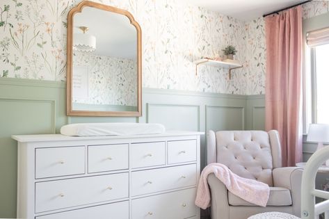 THEIA’S GARDEN NURSERY – With Love, Mercedes Light Green Nursery, Garden Nursery Theme, Green Nursery Girl, Green Girls Rooms, Closet Handles, Pink And Green Nursery, Pink Baby Room, Metal Crib, Blush Nursery