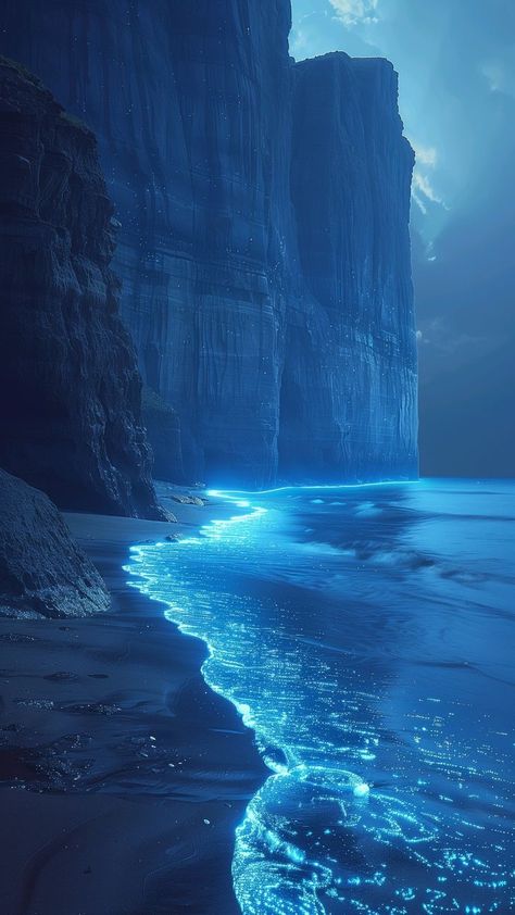 Bioluminescent Wallpaper, Bioluminescent Aesthetic, Bioluminescence Painting, Ocean Bioluminescence, Bioluminescence Wallpaper, Bioluminescent Ocean, Bioluminescence Aesthetic, Bioluminescent Algae, Mythical Places