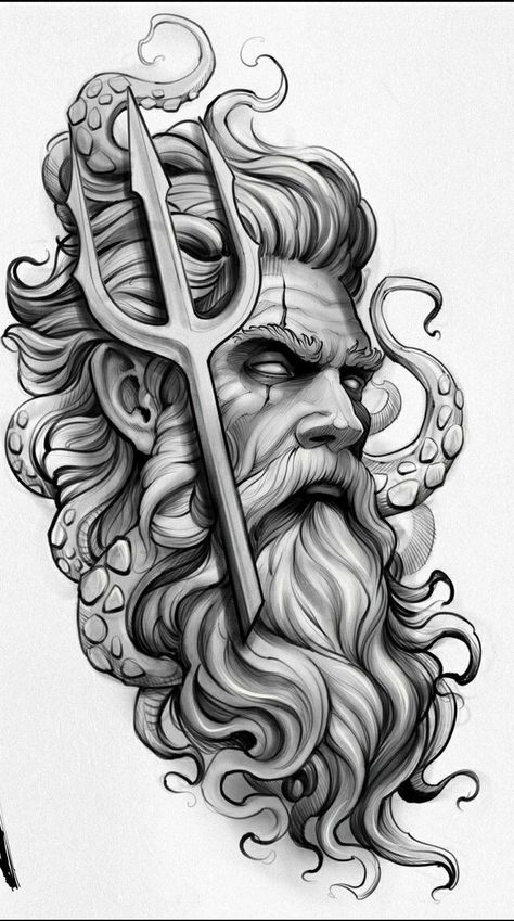 Greek God Tattoo, Poseidon Tattoo, Zeus Tattoo, Octopus Tattoo Design, Aztec Tattoo Designs, Greek Mythology Tattoos, God Tattoos, Aztec Tattoo, Mythology Tattoos