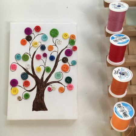 DIY Button Tree Art - Love to Sew Studio Button Tree Craft, Button Art Tree, Tree With Buttons, Button Tree Canvas, Tree Art Diy, Sew Studio, Button Tree Art, Button Art Projects, Button Canvas