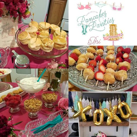 "Pancakes & Panties" lingere shower; mini pancakes, donut and strawberry kabobs, and a yogurt parfait bar! Lingere Party Ideas, Strawberry Kabobs, Yogurt Parfait Bar, Yoghurt Parfait, Parfait Bar, Bridal Lingerie Shower, Classy Bachelorette Party, Pancake Party, Bridal Shower Planning