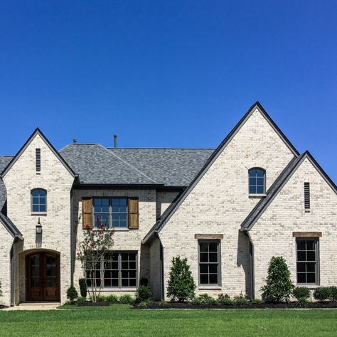 Custom Brick Homes, Brick Traditional Exterior, Dover White Brick Exterior, Popular Brick Exterior Colors, Transitional Brick House Exterior, Cream Brick And Stone Exterior, Exterior Stone And Brick Combinations, All Stone House Exterior, General Shale Brick Colors