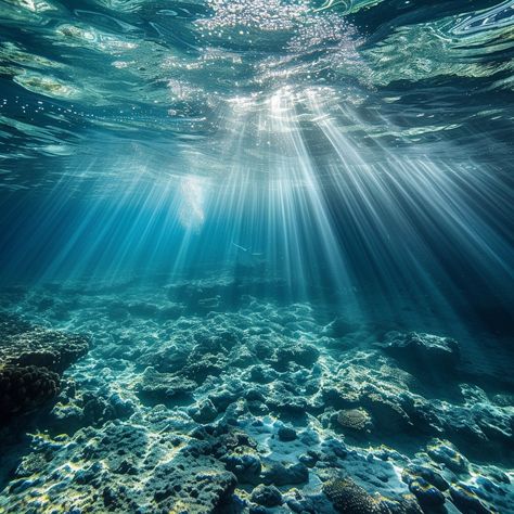 Underwater Light Rays: Sunlight filters through the clear blue water, illuminating the underwater seascape with ethereal rays. #underwater #sunlight #ocean #rays #clear #aiart #aiphoto #stockcake ⬇️ Download and 📝 Prompt 👉 https://ayr.app/l/9HDv Bonito, Light In Water, Ocean Corset, Water Aesthetic Blue, Ocean Filter, Underwater Sunlight, Under The Sea Aesthetic, Mermaid In Ocean, Sun Underwater