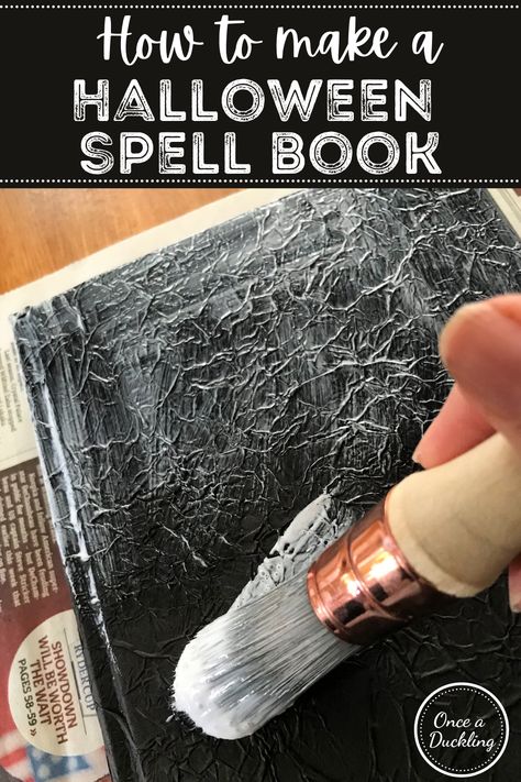 I had SO much fun making these DIY Halloween spell books for my Halloween decor! A great upcycling budget project using an old book, or a sketch book if you want to be able to use it to store your recipes. They're guaranteed to be a talking point at your Halloween party! Witches Books Diy, Spell Book Decoration, Thrifting Halloween Decor, Diy Witches Spell Book, Diy Witch Spell Book, Creepy Halloween Decorations Diy Spell Books, Halloween Book Decorations, Halloween Altered Books, Spell Books Diy How To Make