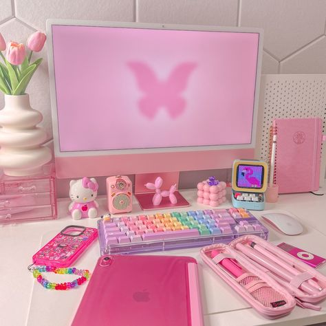 Hope everyone has a great weekend! 🩷 • • • Desk Setup Items • • • Items are 🔗’d in B!0 #pink #desksetup #pinkdesksetup #pinkipad #kawaiiaesthetic #cute #studygram pink, desk setup, pink desk setup, pink iPad, kawaii aesthetic, cute, study gram Asmr Ideas, Pink Desk Setup, Pink Desk Decor, Pink Gaming Setup, Kawaii Office, Study Gram, College Desk, Setup Inspiration, Kawaii Desk