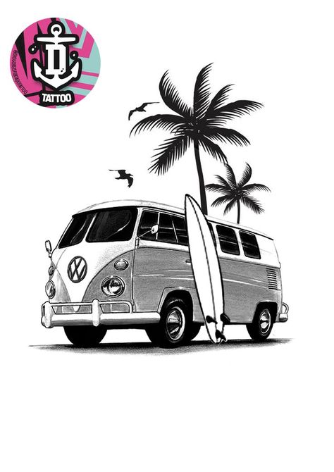 Campervan Tattoo, Vw Tattoo, Surf Drawing, Lower Arm Tattoos, Surf Tattoo, Beetle Tattoo, Mom Tattoo Designs, Whale Tattoos, Palm Tattoos