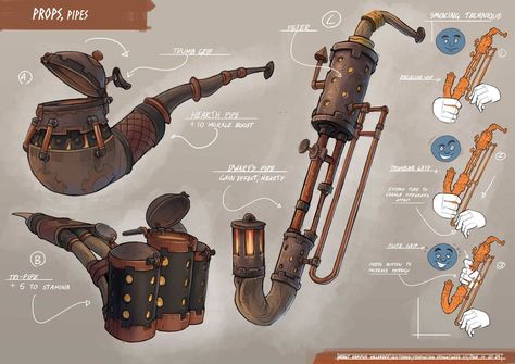 Fantasy Props Concept Art, Steampunk Gadgets Concept Art, Feng Zhu Design, Feng Zhu, Steampunk Gadgets, Steampunk Artwork, Props Concept, Gear Art, Props Art