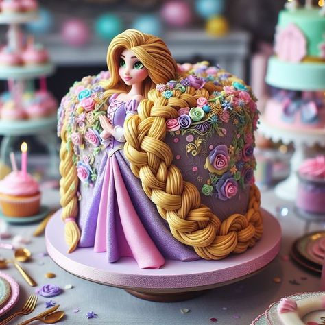 Cake Ideas Engagement, Rapunzel Cake Ideas, Cat Cupcake Cake, Aesthetic Chocolate Cake, Bento Cake Design, Rapunzel Birthday Cake, Princess Theme Cake, Korea Cake, Disney Princess Birthday Cakes