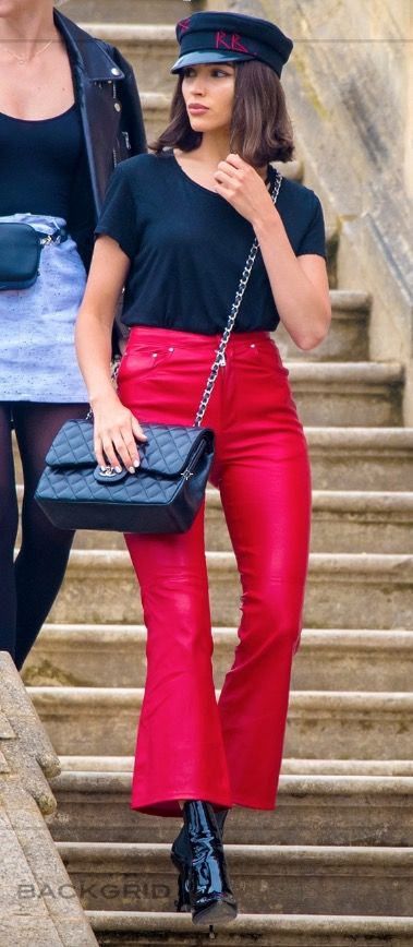 Olivia Culpo wears a Ruslan Baginskiy baker boy hat, Chanel cross body handbag, Lovers + Friends red leather trousers and patent Saint Laurent logo heel boots. Ruslan Baginskiy Hat Outfit Summer, Ruslan Baginskiy Hat Outfit, Bakerboy Hat Outfit, Rb Hat, Baker Hat Outfit, Ruslan Baginskiy Hat, Red Leather Trousers, Hat Chanel, Bakerboy Hat