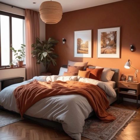 White Bedding Burnt Orange Accents, Dusk Bedroom Aesthetic, Beige Orange Bedroom, Cozy Bedroom With Dark Wood Furniture, Rust Orange Bedroom Decor, Fall Colored Bedroom, Dark Orange Bedding, Bedroom Inspirations Orange, Dark Brown Floor Bedroom Ideas