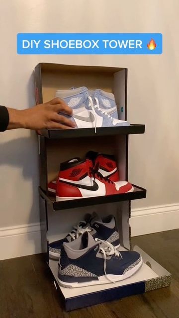 Shoe Box Organization, Show Boxes On Wall, Shoebox Decoration Ideas, Sneaker Storage Ideas For Small Spaces, Shoes In Bedroom, Shoe Box On Wall, Shoe Box Stacking Ideas, Shoe Box Wall, Sneaker Shelf Ideas