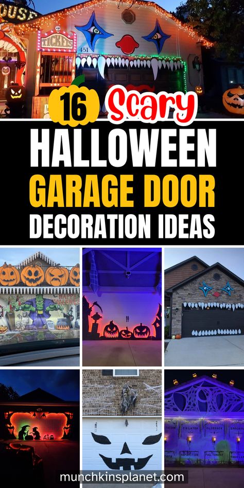 Halloween Garage Door Decoration DIY Ideas Outside Garage Lights, Garage Door Halloween Decor, Garage Halloween Party, Haunted Garage, Diy Halloween Door Decorations, Garage Door Lights, Halloween Garage Door, Halloween Diy Door, Cabinets Garage