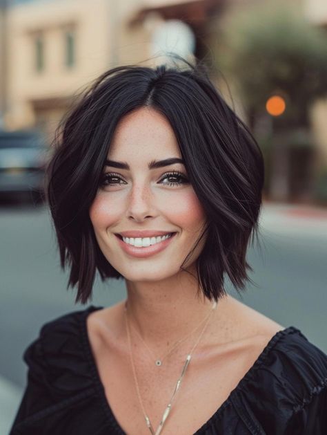 Concave Bob Haircut - Trendy, Versatile, and Timelessly Stylish Concave Bob Medium, One Layer Bob Haircut, Black Chin Length Hair, Dark Choppy Bob, Short Dark Brown Hair Bob Shoulder Length Layered Hairstyles, Chin Length Dark Hair, Dark Bob Haircut, Brown Hair Bobs, Piecey Bob Haircut