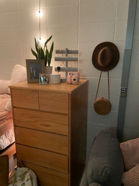 Dorm Dresser Decor, Dorm Dresser, Nightstand Dresser, Cute Decor, Dorm Ideas, Dresser Decor, College Dorm Rooms, College Dorm, Dresser As Nightstand