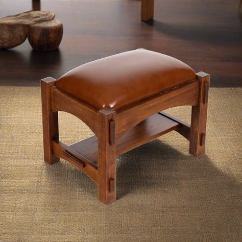 Our Mission / Arts and Crafts / Craftsman style furniture is made with attention to detail and expertise like that of 100 year old Stickley. Quarter sawn white oak frame with a medium-light brown stain Reddish brown leather Medium-firm cushion Works well as a foot stool, ottoman, or extra seating Dimensions:21W x 16D x 16H Product ID #958 Stickley Furniture Plans, Craftsman Frames, Craftsman Style Furniture, Furniture Craftsmanship, Woodworking Shop Plans, Stool Ottoman, Craftsman Furniture, Quarter Sawn White Oak, Art Furniture Design