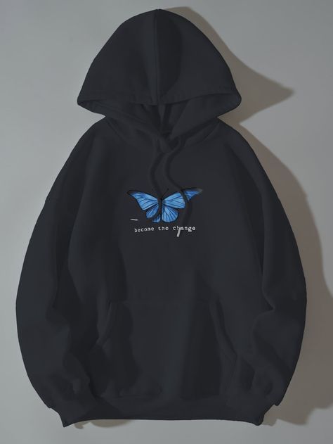 Stylish Hoodies For Girls Black, Hudies Girl, Shein Hoodies Aesthetic, Black Hoodie Print Ideas, Hoddies Outfits Woman Aesthetic, Hoodies For Girls Cute, Aesthetic Sweatshirts & Hoodies, Butterfly Hoodie Design, Black Hoddies Outfits Aesthetic