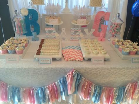 Sweet Simplicity Bakery: White, Pink & Blue Gender Reveal Party; Baby Boy or Baby Girl? Dessert & Candy Display Table Buffet