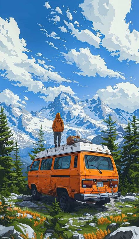 Van Life Vibes and Mountain Highs iPhone Wallpaper HD Watercolour Ideas, Image Moto, Life Vibes, Cool Car Drawings, Dreamy Artwork, Iphone Wallpaper Hd Nature, Iphone Wallpaper Images, 캐릭터 드로잉, Art Gallery Wallpaper