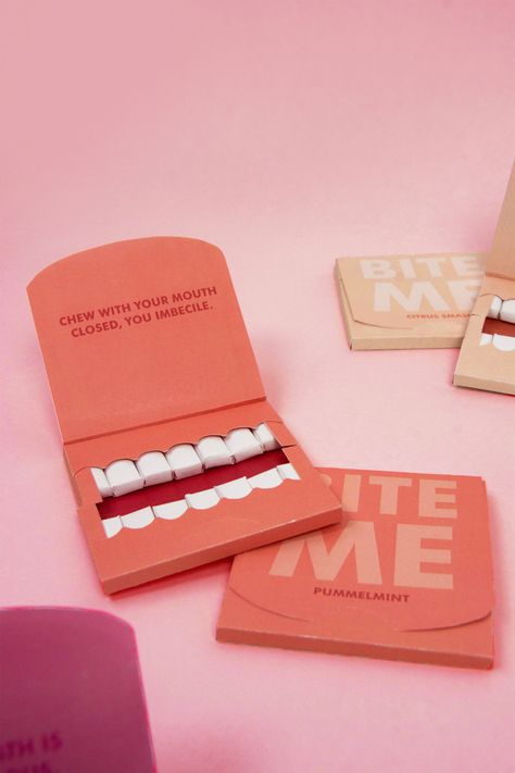 Bite Me: Packaging Insults Chewers as They Grab a Piece of Tooth-Shaped Gum | Colossal Chewing Gum Packaging, Gum Packaging, Chewing Gum Brands, Gum Brands, Cute Tooth, Innovative Packaging, Teeth Shape, Dirty Martini, Bite Me