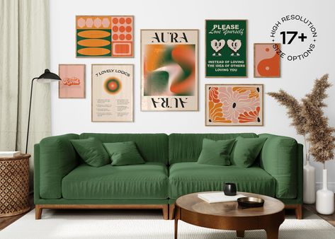 Livibg Room, 70s Wall Art, Gallery Aesthetic, Orange Rooms, Dorm Wall Art, Uni Room, Living Room Orange, Bedroom Orange, Orange Wall Art