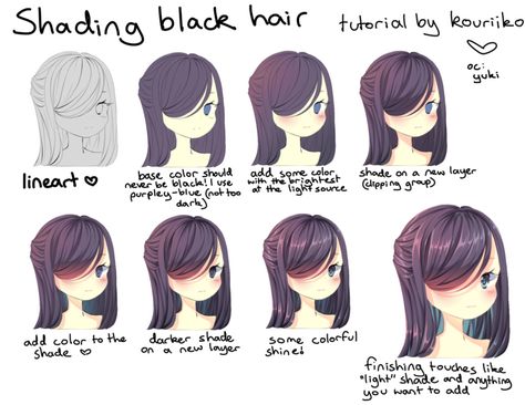 shading black hair by kouriiko.deviantart.com on @DeviantArt Shade Reference, Fondant People, Hair Colouring, Drawing Hair Tutorial, Draw Hair, Manga Hair, Artist Tips, Drawing Hair, Anime Tutorial