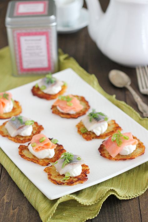 You'll find the Bradford sisters snacking on a dish just like this one within the pages of True to You. Hanukah Appetizers, Pickled Herring, Smoked Salmon Appetizer, Salmon Appetizer, Potatoe Pancake Recipe, Potato Pancake, Potato Appetizers, Vegan Starters, Creamed Cucumbers