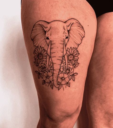 Elephant Holding Flower Tattoo, Elephant Thigh Tattoos Women, Elephant Sunflower Tattoo, Elephant Tattoos Arm, Elephant Arm Tattoo, Elephant Leg Tattoo, Nanny Tattoo, Tattoo Ideas Elephant, Elephant Tattoos Thigh