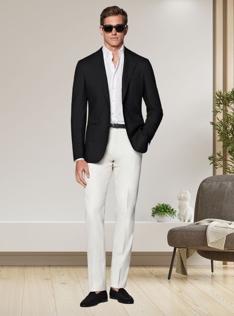 Step into sophistication with a crisp black blazer and white shirt, paired with off-white pants and luxurious black suede loafers, blending classic elegance with modern style. White Suit With Black Shirt Men, White Suit Black Shirt, White Dress Shirt And Black Pants Men, White Dress Shirt Black Pants Men, Black Dress Pants White Button Up Men, Black And White Outfits Men, Mens White Trousers, Black Blazer Men, White Pants Men