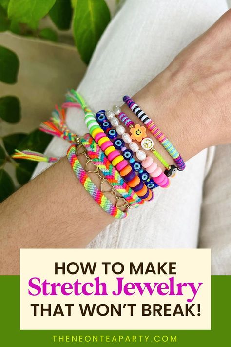 Save this step-by-step guide to make stretch bead bracelets and stretch bead necklaces that won't break. Crochet Granny Square Throw, Arm Party Bracelets, Strong Knots, Cowrie Shell Jewelry, Bead Stopper, Making Bracelets With Beads, How To Make Tassels, Beading Needles, Headband Pattern