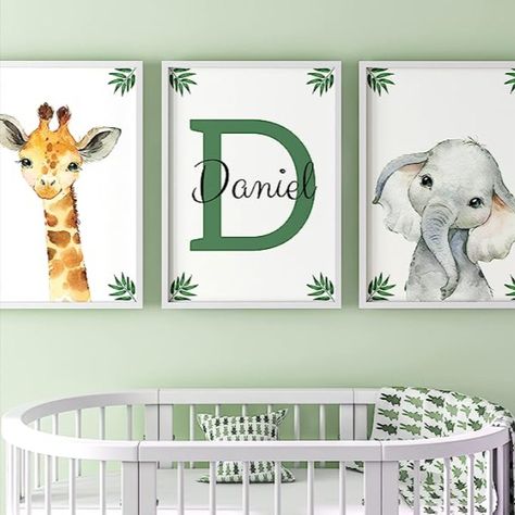 Transform your baby's nursery into an enchanting safari with these personalized name wall art pieces! Add a touch of individuality to your little one's space with these adorable animal-themed artworks. #NurseryDecor #PersonalizedNurseryArt #BabyRoomDecor #SafariNursery #NurseryWallArt #BabyNameArt #NurseryIdeas #AnimalNursery #BabyRoomInspo #NurseryDesign #BabyNursery #BabyDecor #NurseryArtwork #BabyRoomStyle #NurseryInspiration #BabyGiftIdeas #AmazonFinds #BabyRoomEssentials #NurseryInteriors Poster Prints Green, Green Boys Room, Nursery Layout, Safari Animal Wall Art, Boy Girl Nursery, Leaves Wall Art, Kids Room Murals, Baby Boy Bedroom, Green Jungle