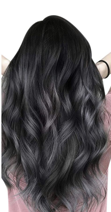 Dark Balayage Black Ash, Caramel Black Balayage, Black Hair With Dark Grey Balayage, Dark Hair Silver Balayage, Dark Grey Black Hair, Silver Dark Hair, Ashy Grey Balayage On Black Hair, Dusty Black Hair, Black And Dark Grey Hair