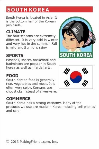 MakingFriends Facts about South Korea Printable Thinking Day fact card for our passports. Perfect if you chose South Korea for your Girl Scout Thinking Day or International Night celebration. Korean Facts, World Thinking Day 2023, World Thinking Day Ideas, Culture Day At School Ideas, Korea Activities For Kids, About Korean Culture, Mexico World Thinking Day Girl Scouts, Facts About Korea, About South Korea