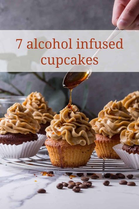 Cupcakes Alcohol Infused, Beer Batter Cupcakes, Baileys Cupcake Recipes, Father’s Day Cupcake Flavors, Booze Infused Cupcakes, Alcohol Cake Flavors, Boozy Cupcakes With Pipettes Recipes, Whiskey Themed Dessert, Bourbon Cupcakes Easy