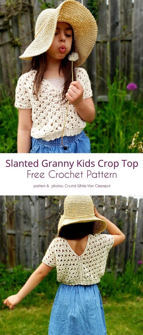 Slanted Granny Kids Crop Top Tops Tejidos A Crochet, Crop Top Crochet, Kids Crochet Pattern, Crochet Top Outfit, Crochet Crop Top Pattern, Crochet Toddler, Mode Crochet, Crochet Tops Free Patterns, Kids Crochet